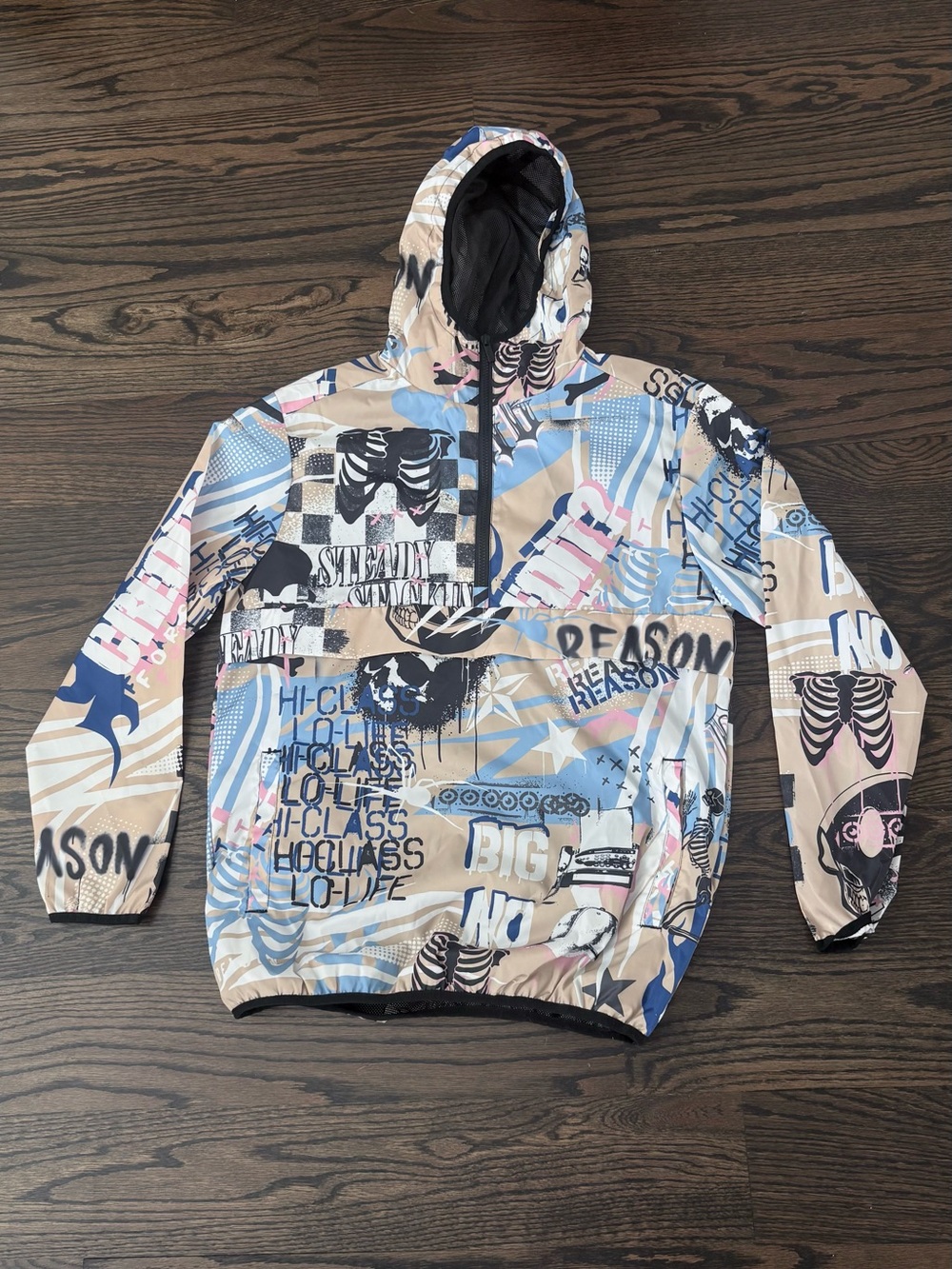 Graphic Pullover Hooded Jacket - Blue & Tan